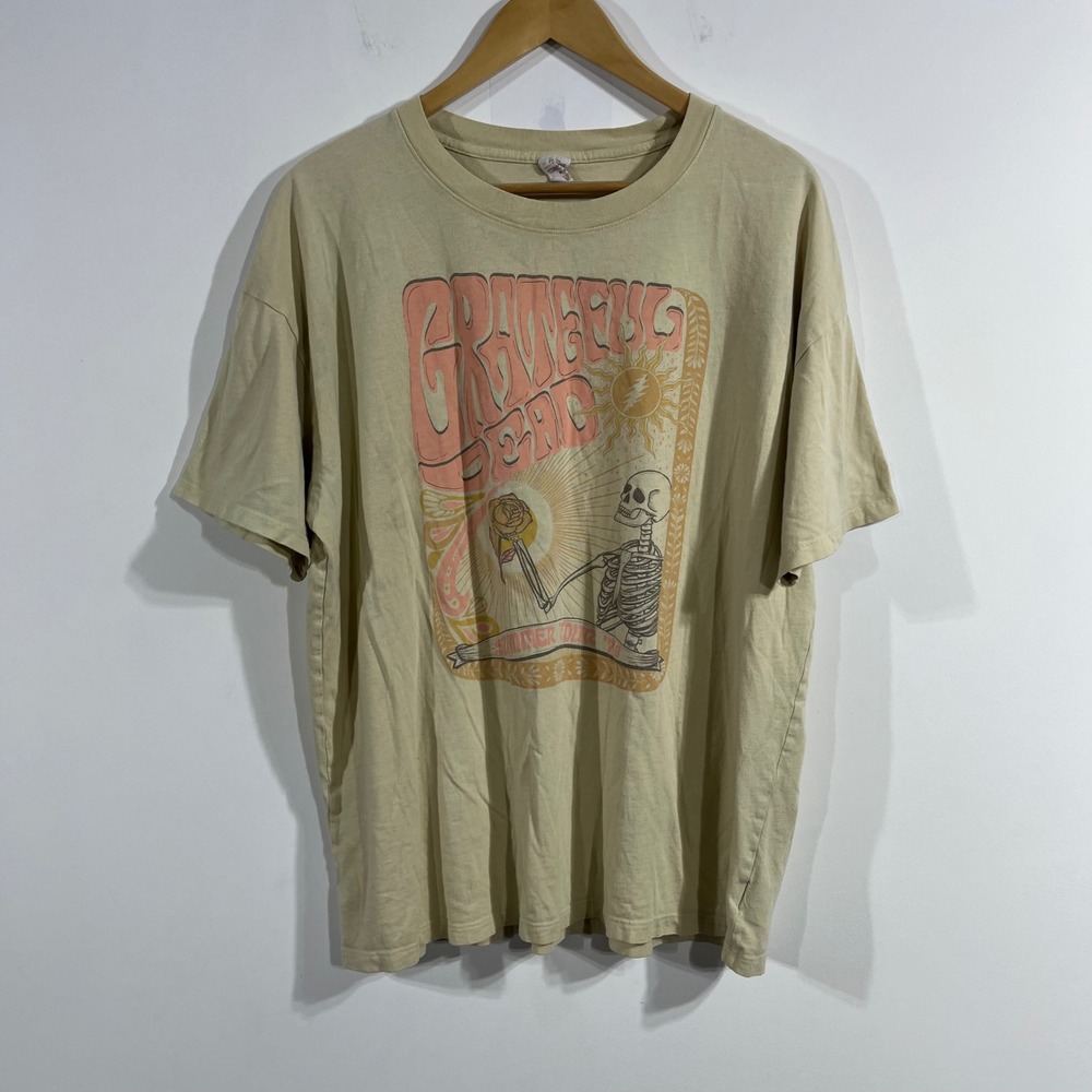 Grateful Dead Summer Tour 76 Graphic T-Shirt Mens XL Tan Skeleton Rose Rock Tee